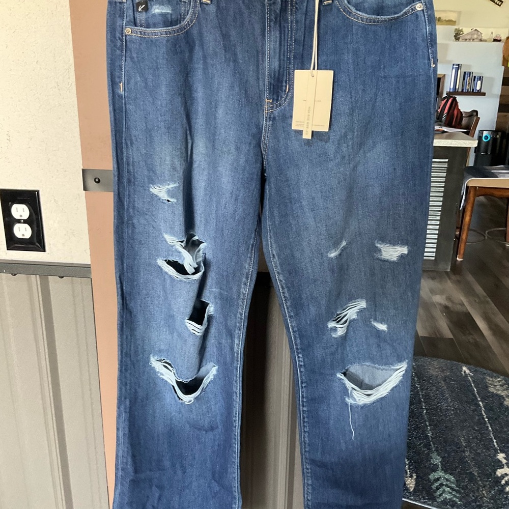 KanCan Women's Distressed Dark Blue Wide Leg Jeans